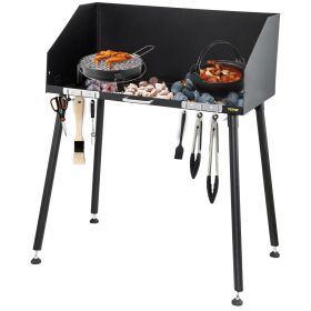VEVOR Carbon Steel Camp Cooking Table 30 x 16 Inch with Three-Sided Windscreen and Legs for Outdoor Food Preparation and Dutch Oven - Default